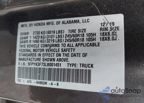 2020 Honda Ridgeline Rtl-E из США, поврежденный, VIN 5FPYK3F73LB001451